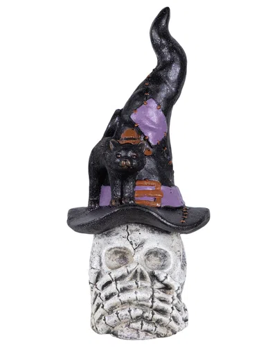 Northlight 22.75in Skull In Witch Hat With Black Cat Halloween Decoration In White
