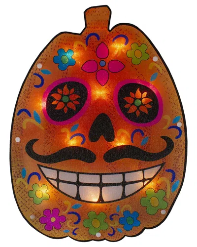 Northlight Lighted Sugar Skull Pumpkin Halloween Window Silhouette, 15" In Orange
