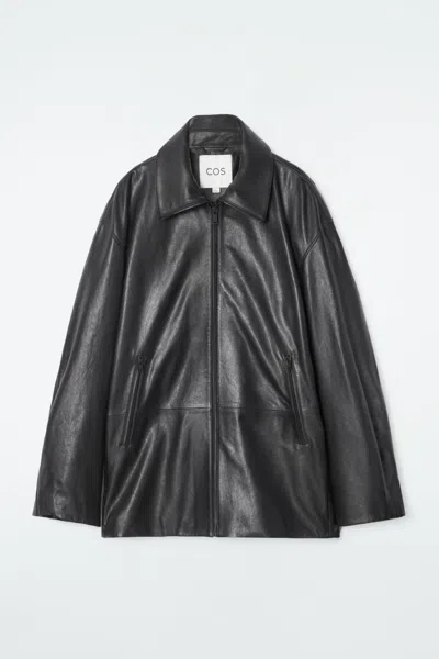 Cos Waisted Leather Trucker Jacket In Black