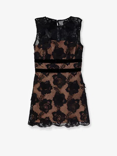 Self-portrait Black Crewneck Mini Dress With Lace Embellishments And Semi Sheer Design In Black