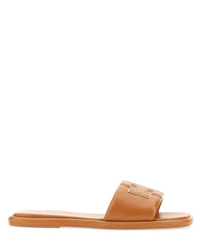 Tory Burch Double T Leather Medallion Slide Sandals In Brown