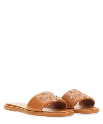 Tory Burch Double T Leather Medallion Slide Sandals In Brown