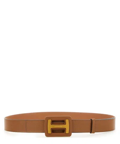Hogan Hammered Leather Belt With Maxi Buckle In Brown