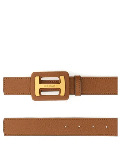 Hogan Hammered Leather Belt With Maxi Buckle In Brown