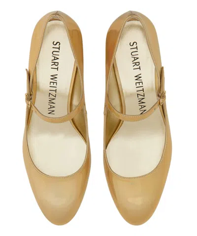Stuart Weitzman Iridescent Effcet Leather Vivienne Mary Jane Pumps With Heel In Gold