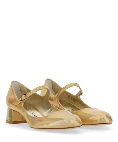Stuart Weitzman Iridescent Effcet Leather Vivienne Mary Jane Pumps With Heel In Gold