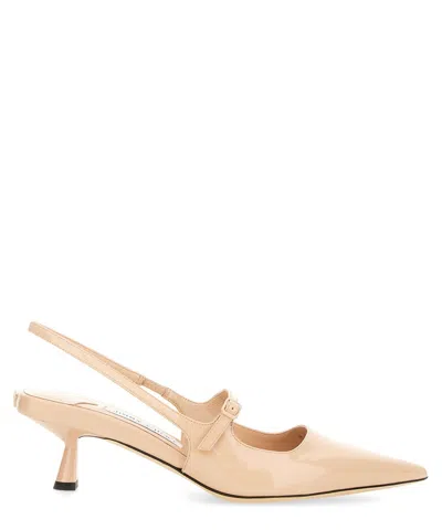 Jimmy Choo Pointed Toe Slingback Heels With Patent Finish In Beige