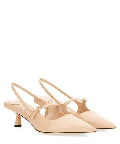 Jimmy Choo Pointed Toe Slingback Heels With Patent Finish In Beige