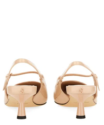 Jimmy Choo Pointed Toe Slingback Heels With Patent Finish In Beige