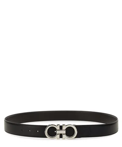 Ferragamo Reversible Hammered Leather Gancini Belt In Black