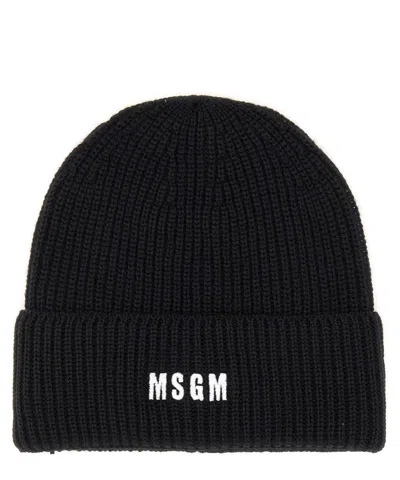 Msgm Logo-embroidered Ribbed-knit Beanie In Black