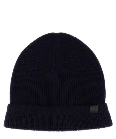 Tom Ford Tf Patch Ribbed Beanie In Blue