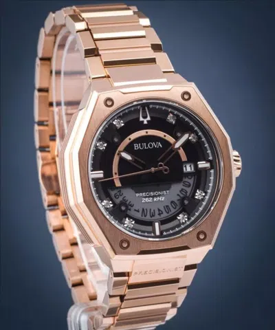 Pre-owned Bulova Precisionist X Diamond Sapphire Rose Gold Black Dial Men's Watch 97d129