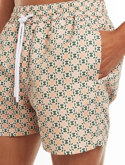 Frescobol Carioca Printed Swim Shorts In Pastel Orange & Vineyard Green