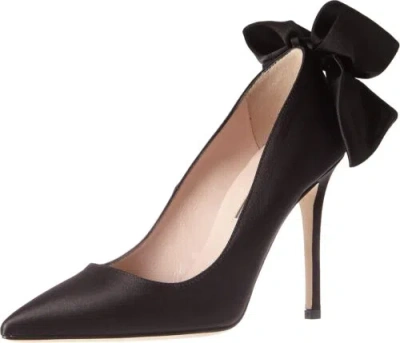 Pre-owned Sarah Jessica Parker Sjp By  Women's Lucille Pointed Toe Bow Pump In Ebony Satin