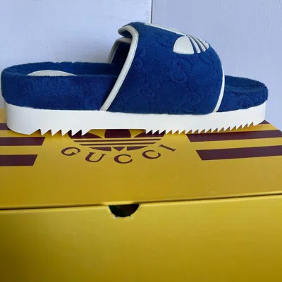 Pre-owned Gucci Adidas X  702412 Mens Slides Sandals Shoe, Blue/white,  Sz 9 (us 9.5)