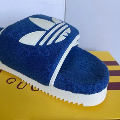 Pre-owned Gucci Adidas X  702412 Mens Slides Sandals Shoe, Blue/white,  Sz 9 (us 9.5)