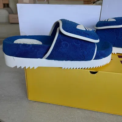 Pre-owned Gucci Adidas X  702412 Mens Slides Sandals Shoe, Blue/white,  Sz 9 (us 9.5)