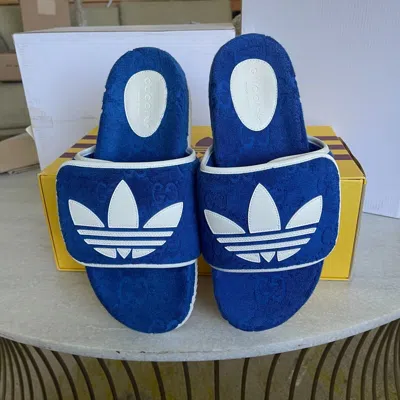 Pre-owned Gucci Adidas X  702412 Mens Slides Sandals Shoe, Blue/white,  Sz 9 (us 9.5)