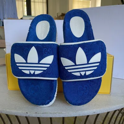 Pre-owned Gucci Adidas X  702412 Mens Slides Sandals Shoe, Blue/white,  Sz 9 (us 9.5)