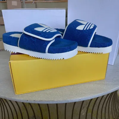 Pre-owned Gucci Adidas X  702412 Mens Slides Sandals Shoe, Blue/white,  Sz 9 (us 9.5)