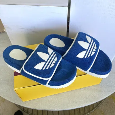 Pre-owned Gucci Adidas X  702412 Mens Slides Sandals Shoe, Blue/white,  Sz 9 (us 9.5)