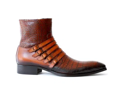 Pre-owned Jo Ghost 5225 Italian Cognac Crocodile Print Leather Ankle Boots W/ Buckles In Brown