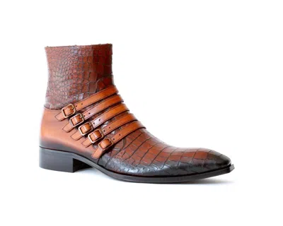 Pre-owned Jo Ghost 5225 Italian Cognac Crocodile Print Leather Ankle Boots W/ Buckles In Brown