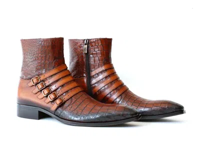 Pre-owned Jo Ghost 5225 Italian Cognac Crocodile Print Leather Ankle Boots W/ Buckles In Brown