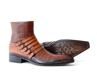 Pre-owned Jo Ghost 5225 Italian Cognac Crocodile Print Leather Ankle Boots W/ Buckles In Brown
