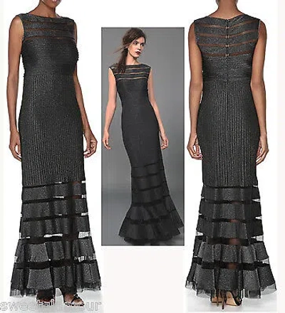 Pre-owned Tadashi Shoji Pintuck Sheer Illusion Mesh Jersey Metallic Shadow Dress Gown In Gray