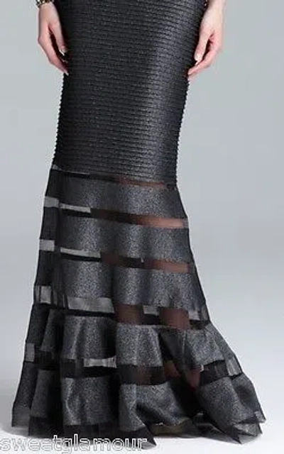 Pre-owned Tadashi Shoji Pintuck Sheer Illusion Mesh Jersey Metallic Shadow Dress Gown In Gray