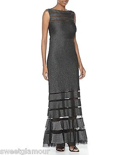 Pre-owned Tadashi Shoji Pintuck Sheer Illusion Mesh Jersey Metallic Shadow Dress Gown In Gray