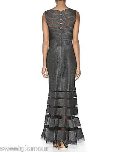Pre-owned Tadashi Shoji Pintuck Sheer Illusion Mesh Jersey Metallic Shadow Dress Gown In Gray