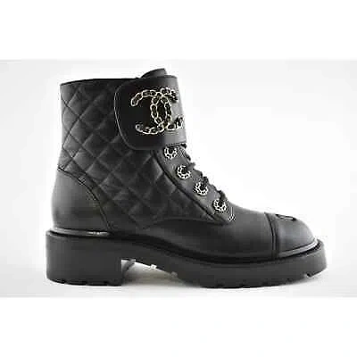 Pre-owned Chanel 21a Black Quilted Gold Cc Chain Combat Lace Up Tie Ankle Short Boots 40.5