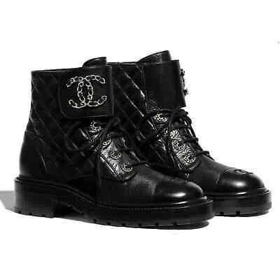 Pre-owned Chanel 21a Black Quilted Gold Cc Chain Combat Lace Up Tie Ankle Short Boots 40.5