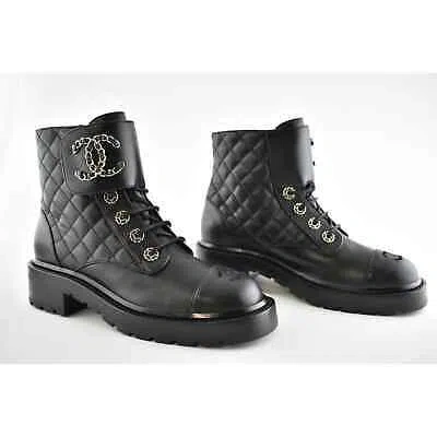 Pre-owned Chanel 21a Black Quilted Gold Cc Chain Combat Lace Up Tie Ankle Short Boots 40.5