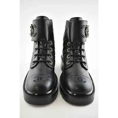 Pre-owned Chanel 21a Black Quilted Gold Cc Chain Combat Lace Up Tie Ankle Short Boots 40.5