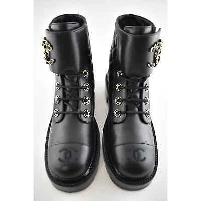 Pre-owned Chanel 21a Black Quilted Gold Cc Chain Combat Lace Up Tie Ankle Short Boots 40.5