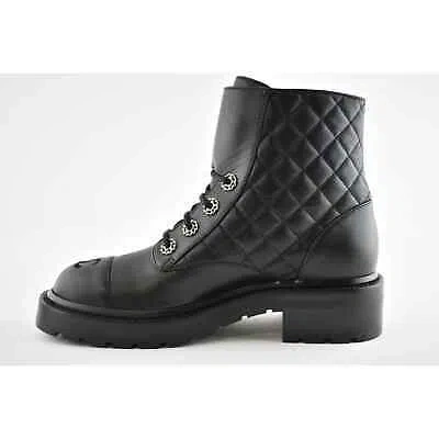 Pre-owned Chanel 21a Black Quilted Gold Cc Chain Combat Lace Up Tie Ankle Short Boots 40.5