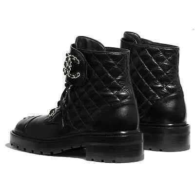 Pre-owned Chanel 21a Black Quilted Gold Cc Chain Combat Lace Up Tie Ankle Short Boots 40.5