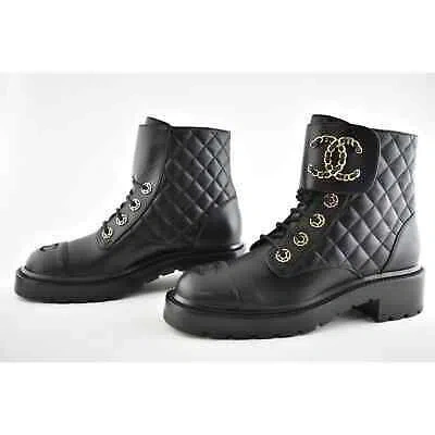 Pre-owned Chanel 21a Black Quilted Gold Cc Chain Combat Lace Up Tie Ankle Short Boots 40.5