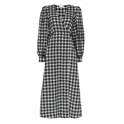 Pre-owned Ganni Seersucker Check Wrap Dress / F4960 In Black