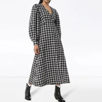 Pre-owned Ganni Seersucker Check Wrap Dress / F4960 In Black