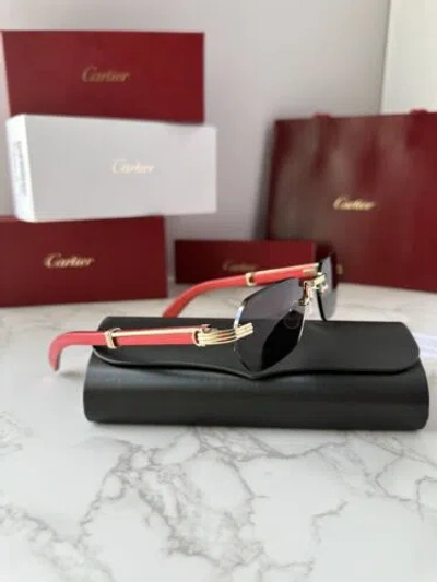 Pre-owned Cartier Ct0362s 004 Premiere De  Sunglasses Red Wood Gold Frame Grey Lens In Gray