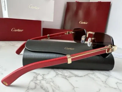 Pre-owned Cartier Ct0362s 004 Premiere De  Sunglasses Red Wood Gold Frame Grey Lens In Gray