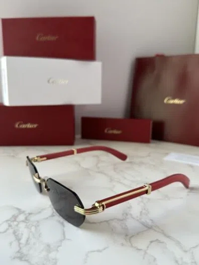 Pre-owned Cartier Ct0362s 004 Premiere De  Sunglasses Red Wood Gold Frame Grey Lens In Gray