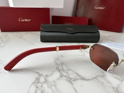 Pre-owned Cartier Ct0362s 004 Premiere De  Sunglasses Red Wood Gold Frame Grey Lens In Gray
