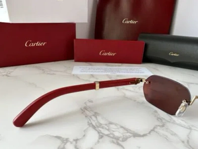 Pre-owned Cartier Ct0362s 004 Premiere De  Sunglasses Red Wood Gold Frame Grey Lens In Gray