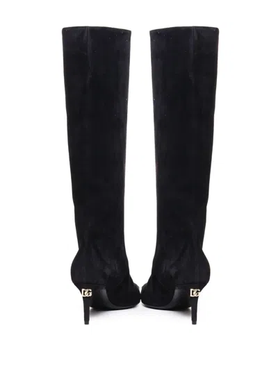 Dolce & Gabbana Black High Boots With Dg Logo In Suede Woman In Black